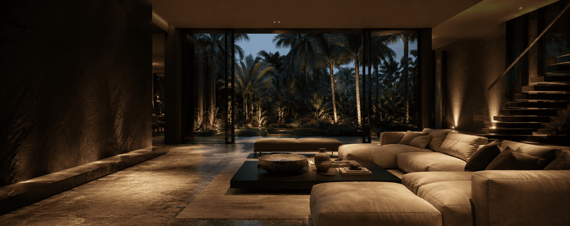 Luxury living room with tropical garden and staircase